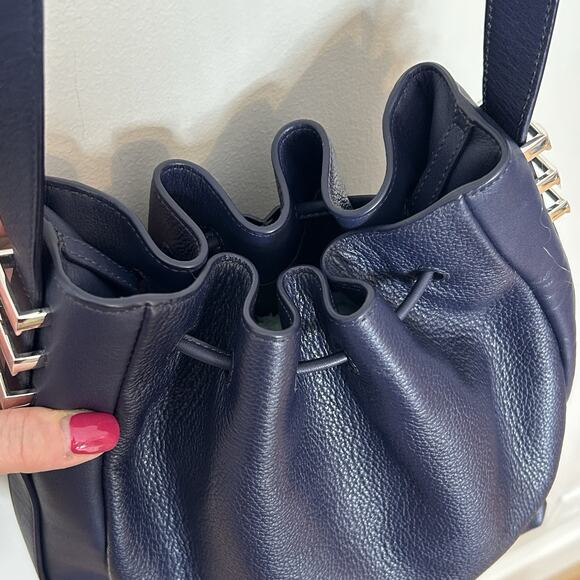 Luana Italy Leather Bucket Hobo Bag Navy Blue Leather Silver Tone Hardware New - Picture 5 of 13